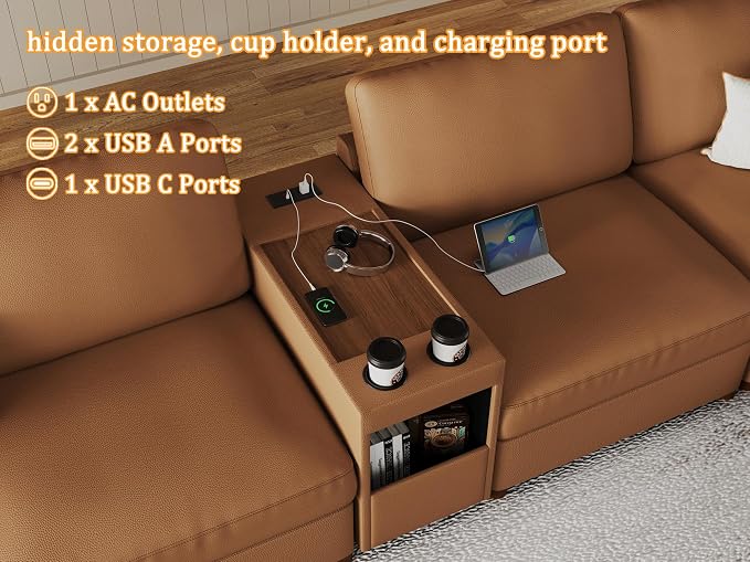 EASE MOOSE Leather Sectional Couch with Console, Oversized Modular Sectional Sofas, Wide Deep Seat Modular Couch, Scratch Resistant Faux Leather Material, L Shaped Sofa for Big Spaces,Brown