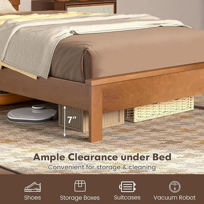 Wood Bed Frames with Headboard, Mid Century Bed Frame with Solid Wood Legs & Wooden Slat Support, Mattress Foundation Bed Base, No Box Spring Needed, (Walnut, Twin)