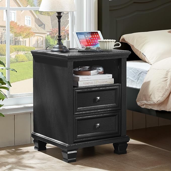 SAVOR LIFE Farmhouse Nightstand Set of 2 with Charging Station, Rustic Black Nightstand with Drawers, Bedside Table with Open Shelf for Bedroom, Black