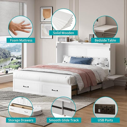 BALUS Queen Murphy Bed with Mattress, Cabinet Bed with Mattress & USB Charging Ports & Storage Drawers, Space-Saving Chest Murphy Beds, Hidden Cabinet Beds for Bedroom, Office - White