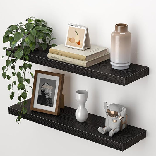 Heimlove 24 Inch Floating Shelves for Wall,Mounted Storage Wood Shelves with Invisible Brackets Hanging Shelf for Bedroom,Living Room,Kitchen,Office,Set of 2,Black