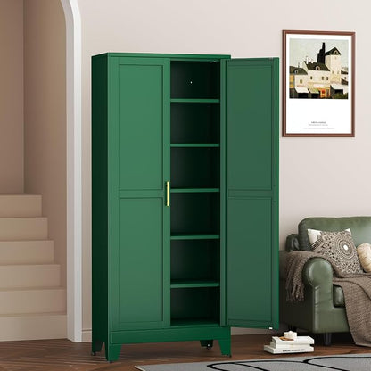 Metal Pantry Cabinet with 2 Doors and 5 Adjustable Shelves, 75"Kitchen Storage cabinets with Gold Handles, Versatile Storage for Laundry Room, Living Room, Bathroom, Dinning Room, Utility Room-Green