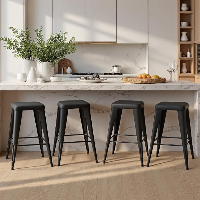 Bar Stools Set of 4, 26" Counter Height Bar Stools Backless, Upholstered Bar Stools with Metal Legs for Kitchen Island, Study Room, Cafe, Black