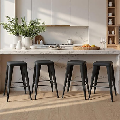 Bar Stools Set of 4, 26" Counter Height Bar Stools Backless, Upholstered Bar Stools with Metal Legs for Kitchen Island, Study Room, Cafe, Black