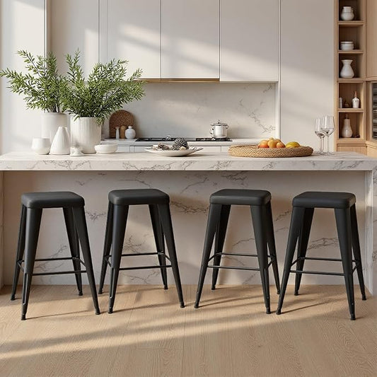 Bar Stools Set of 4, 26" Counter Height Bar Stools Backless, Upholstered Bar Stools with Metal Legs for Kitchen Island, Study Room, Cafe, Black
