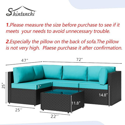 5 Piece Outdoor Patio Furniture Set,Black PE Rattan Wicker Sectional Sofa, All Weather Conversation Set with Washable Cushions & Glass Coffee Table for Backyard Poolside Garden Porch,Blue