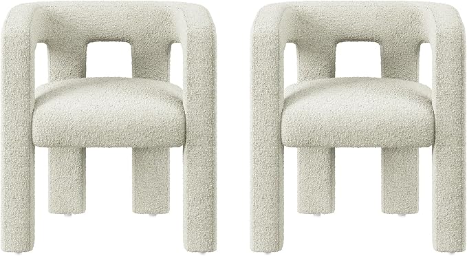 BELLEZE Modern Boucle Barrel Dining Chair Set of 2, Upholstered Linen Kitchen Boucle Armchair with Sidearms and Back, for Dining Room Living Room- Cream