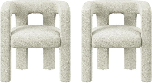 BELLEZE Modern Boucle Barrel Dining Chair Set of 2, Upholstered Linen Kitchen Boucle Armchair with Sidearms and Back, for Dining Room Living Room- Cream