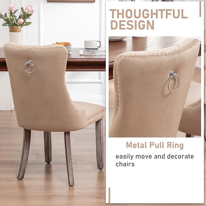 Mid Century Modern Dining Chair Set of 6 Velvet Upholstered Dining Accent Chair Farmhouse Dining Chairs with High Back and Nailhead Trim for Kitchen, Living Room, Bedroom (Khaki)