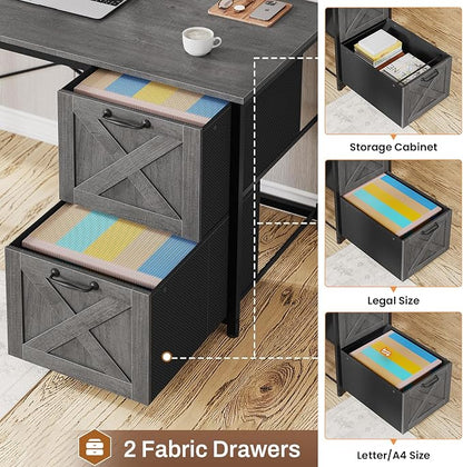 SEDETA L Shaped Gaming Desk, Reversible Computer Desk with Fabric Drawers and Power Outlet, Gaming Desk with Led Lights, Hutch and Storage Shelf for Home Office, Grey