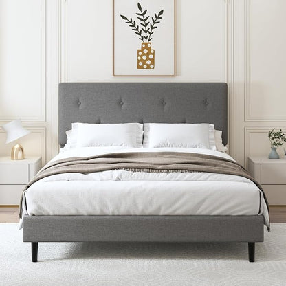 Full Size Linen Bed Frame, Upholstered Platform Bed Frame with Adjustable Headboard, Wooden Slats Support, No Box Spring Needed, Easy Assembly, Grey