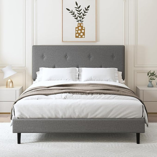 Full Size Linen Bed Frame, Upholstered Platform Bed Frame with Adjustable Headboard, Wooden Slats Support, No Box Spring Needed, Easy Assembly, Grey
