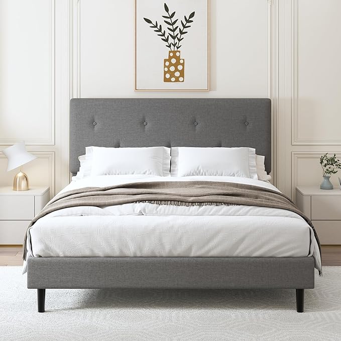 Queen Size Linen Bed Frame, Upholstered Platform Bed Frame with Adjustable Headboard, Wooden Slats Support, No Box Spring Needed, Easy Assembly, Grey