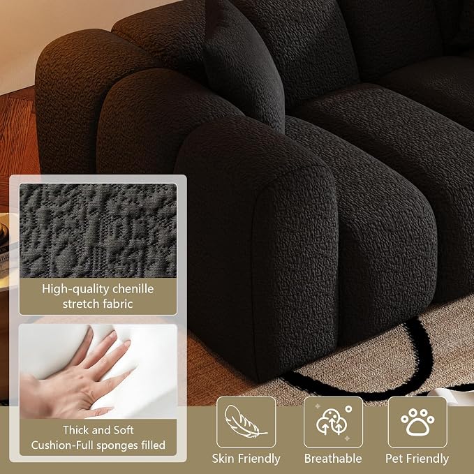 WHGBJA Loveseat Boneless Couch with Memory Foam, Armset, Chenille Fabric, Black Sofa Couch for Living Room/Bedroom, 70"