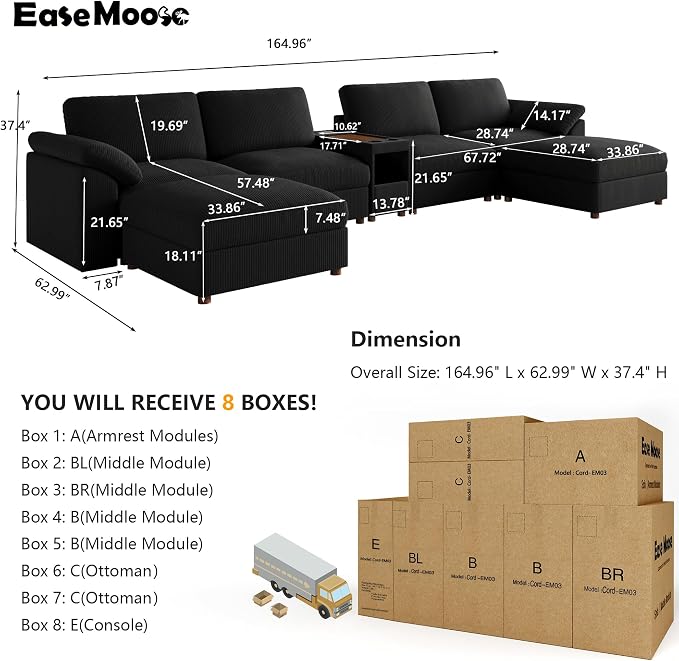 EASE MOOSE Extra Large Sectional Modular Sofa,U Shape Modular Deep Seat Corduroy Sectional Couch Console,Removable Washable,Black