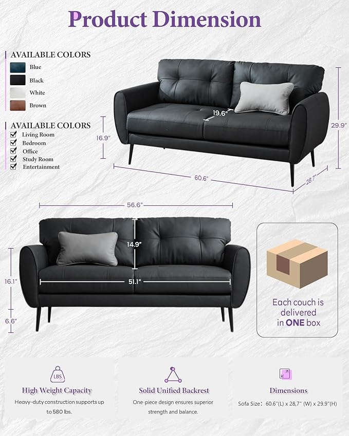 TYBOATLE Sofa Couch 61" Small Loveseat Couches for Living Room, Black Faux Leather Couch Mid Century Modern Tufted Mini Sofa Comfy Office 2 Seat Settee Love Seat Couches for Small Spaces Bedroom