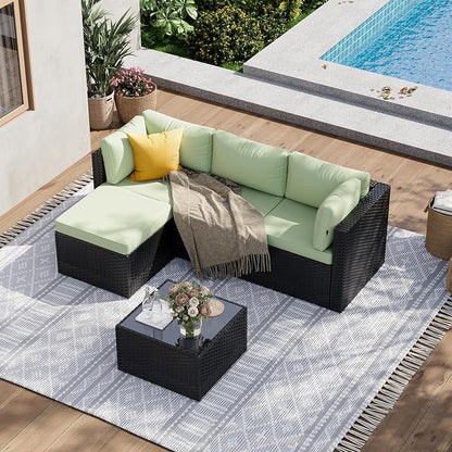 Aoxun Patio Furniture Set 5-Piece, Outdoor Sectional Sofas with Washable Cushion, Wicker Rattan Patio Conversation Sets for Backyard Porch and Poolside, Mint Green