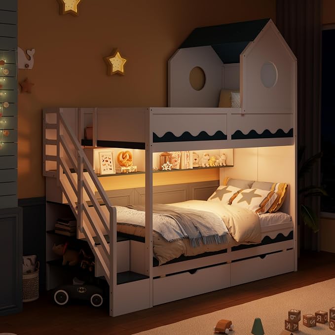 Virubi Twin House Bunk Bed with Stairs and Drawers,Wood Castle Bed with Storage Drawers Shelves& LED Lights (Twin Over Twin,White)