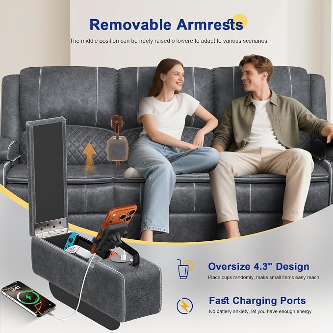 3+1 Manual Recliner Sofa, Maximum Load Capacity 1800lbs & Ergonomics Design, Multi-Functional Middle Seat & Home Theater Seating with Removable Armrest and Storage for RV Living Room (Velvet,Grey)