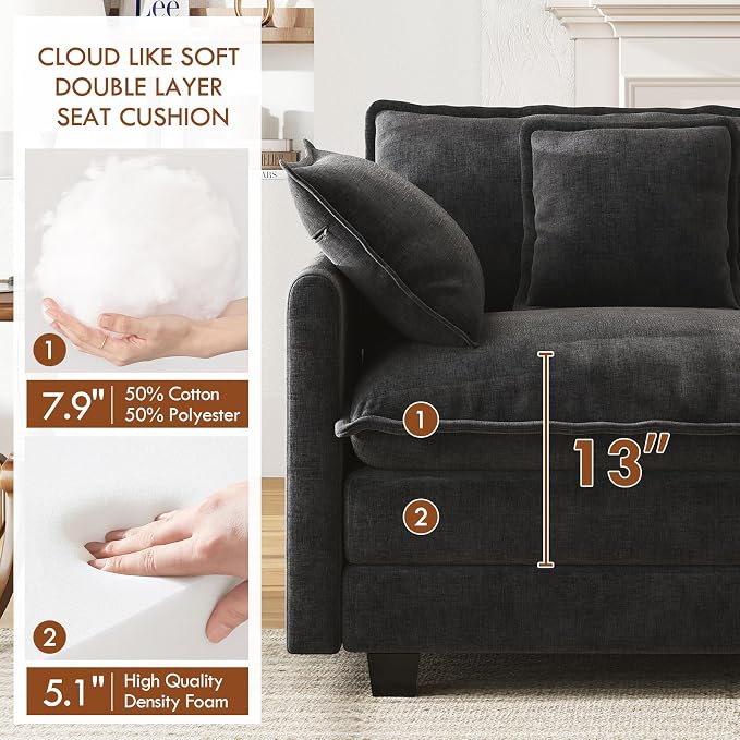 WorthFurni 111.4” Cloud Couch Modular Sectional Sofa with Ottoman, Comfy Modern 3-Seater Couches with Pillows & Upholstered Deep Seat Cushion for Apartment Living Room Bedroom (Black)