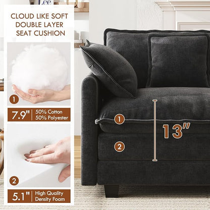 WorthFurni 111.4” Cloud Couch Modular Sectional Sofa with Ottoman, Comfy Modern 3-Seater Couches with Pillows & Upholstered Deep Seat Cushion for Apartment Living Room Bedroom (Black)