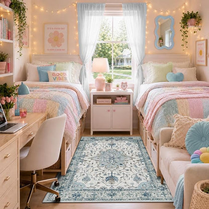 RELEANY Area Rugs 3'x5' Washable Non-Slip, Floral Vintage Distress Medallion Carpet for Living Room Bedroom Dining Room, Light Blue Navy Gray White