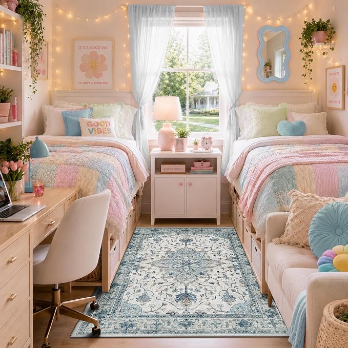 RELEANY Area Rugs 4'x6' Washable Non-Slip, Floral Vintage Distress Medallion Carpet for Living Room Bedroom Dining Room, Light Blue Navy Gray White