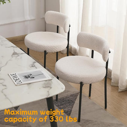 EDWELL White Dining Chairs Set of 4, Modern Dining Room Chairs with 3.94“ Cushions and Metal Legs, Round Upholstered Kitchen Dining Chairs, Ergonomic Backrest Boucle Chairs for Kitchen, Living Room