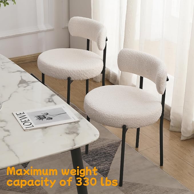 EDWELL White Dining Chairs Set of 2, Modern Dining Room Chairs Mid Century with 3.94" Cushions and Metal Legs, Round Upholstered Boucle Chairs for Kitchen, Living Room, Easy Assembly