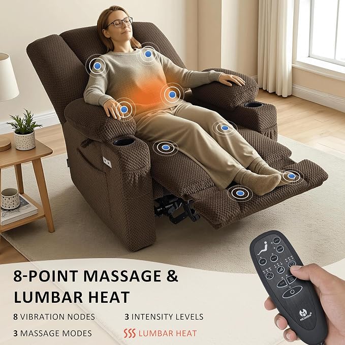 MCombo Oversized Zero Gravity Recliner Chair with Heating and Massage, Power Recliner for Big and Tall with USB & Type C Ports, Cup Holders for Living Room 8017 (Brown, Oversized)