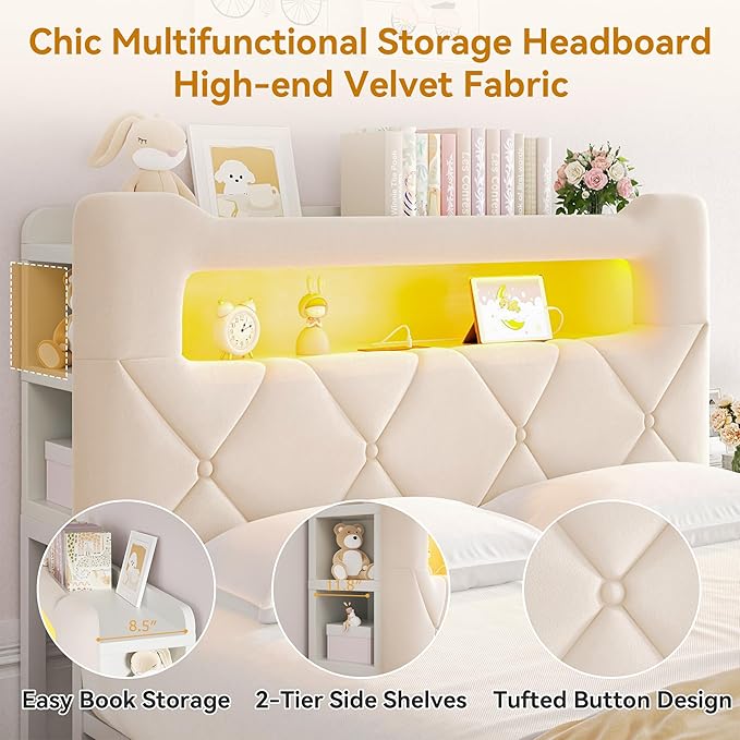 Full Upholstered LED Bed Frame with 2 Storage Drawers and 2-Tier Storage Headboard, Velvet Princess Platform Bed with Charging Station & Bookcase, Corner Bed Frame, Heavy Duty Metal Support, Beige