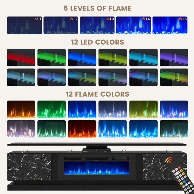 80" Fireplace TV Stand, Modern Entertainment Center for TVs Up to 90", TV Console with Storage Cabinets, Media Console for Living Room, Marble Black TV Stand and Black Fireplace