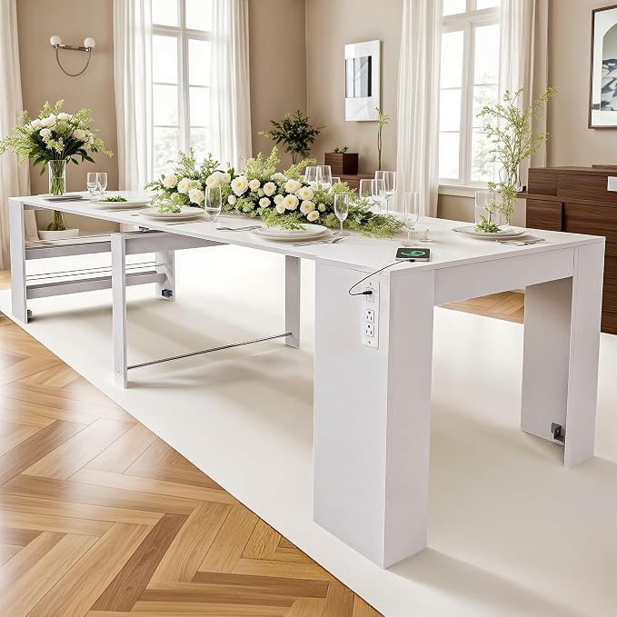 118.2" Modern Extendable Dining Table for 2 to 12 People with Outlet, Space Saving Expanding Table with Storage for Party, Weddings, Meetings, Celebrations (White)