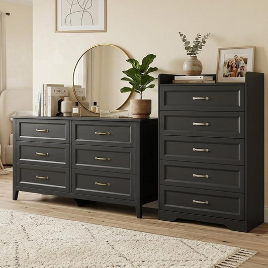 Gizoon 2-Piece Bedroom Furniture Set, 2-PC Dresser Set for Bedroom, Includes a 5 Drawer Dresser and a 6 Chest of Drawers, with Smooth Rail, Handles, Anti-Tipping, Large Storage Space, Black