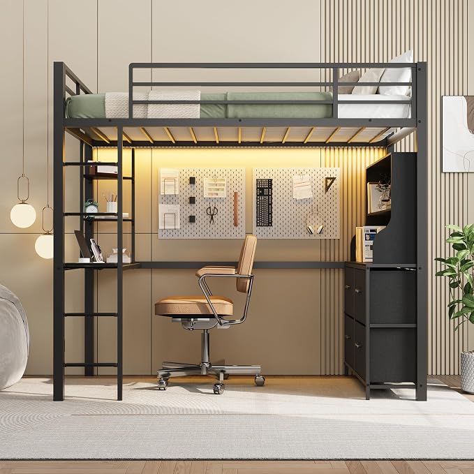 Twin Size Loft Bed with Desk, 4 Large Fabric Drawers and Open Shelves, Heavy Duty Metal Loft Bed with LED Lights, Power Outlets, Safety Guardrails & Ladder, Space Saving, No Box Spring Needed, Black