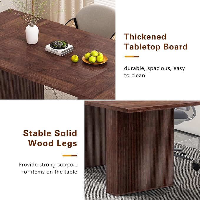 78 Inch Rectangular Dining Table for 6 to 10, Farmhouse Fluted Dining Kitchen Table, Modern Wood Long Dining Table for Kitchen Living Room, Walnut