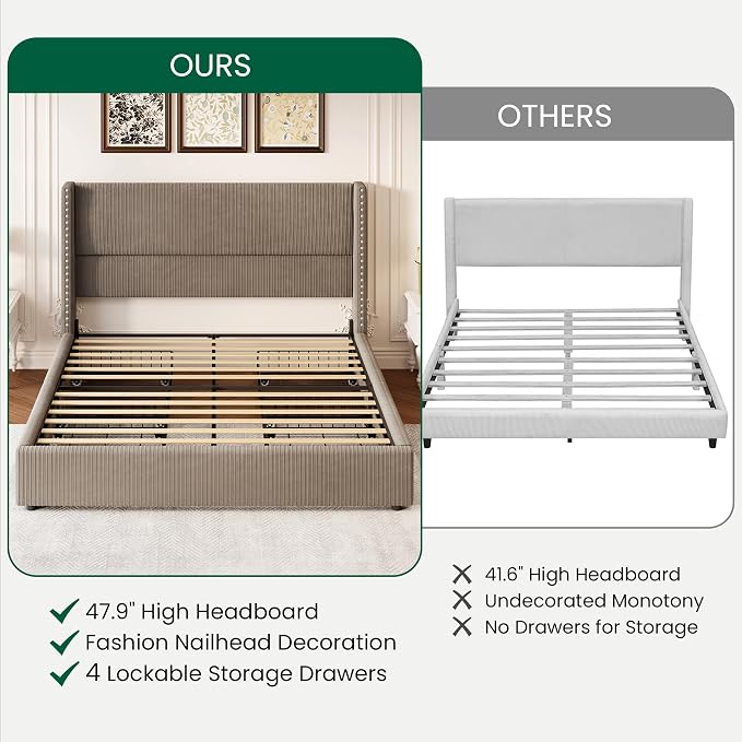 LARMACE King Size Bed Frame with 4 Storage Drawers,Corduroy Upholstered King Size Platform Bed Frame with Tufted Vertical Stripe,Solid Wood Leg/No Box Spring Needed/Noise Free,Brown