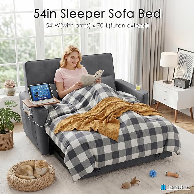 54'' Sleeper Sofa Bed, Convertible Pull Out Couch Futon for for Living Room,Apartment (Darkgrey) Side Desk, USB Ports, Cup Hold, Velvet Fabric, Adjustable Backrest, Easy Assembly