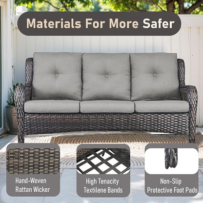Outdoor Couch All Weather PE Wicker Patio Sofa Outdoor Sofa Deep Seating for Porch Deck Backyard-Brown/Grey