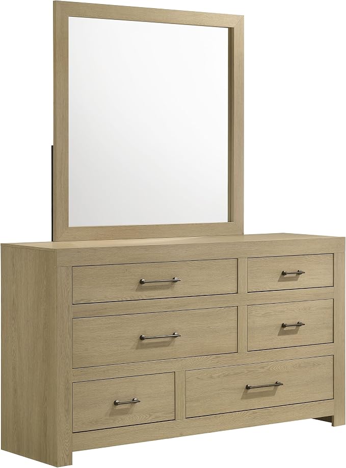 Coaster Home Furnishings - Hendricks - Wood - 6-Drawer Dresser with Mirror with Asymmetrical Drawers, Gunmetal Pulls, and Square Edges - Bedroom - Light Oak - 222653M