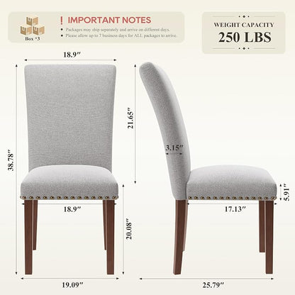 COLAMY Parsons Dining Chairs Set of 6, Upholstered Fabric Dining Room Kitchen Chair with Nailhead Trim and Wood Legs - Light Grey