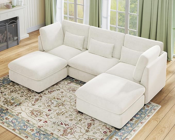 115" Oversized Chenille Couch Modular Sectional Sofa, Washable Cloud Couch Sectional with 2 Ottoman, 5 Seater Sectional Couches for Living Room, Fully Cover Removable, U Shaped, Chenille, White