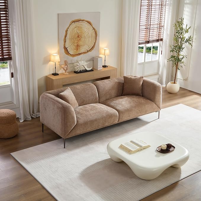 82.68" Modern Upholstered Sofa with Straight Design, Full and Soft Seating, Includes 2 Throw Pillows, 3 Seats,Fabric Couch with Metal Legs for Living Room, Office, Apartment (Camel)
