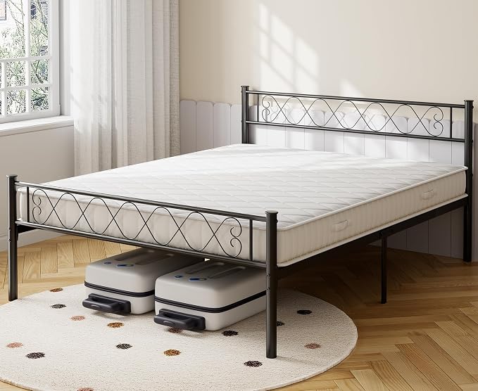 GarveeHome Queen Size Bed Frame, Metal Platform Bed Frame with Headboard and Footboard, 12.2 in Bed Frame with Strong Metal Slats Support, Under Bed Storage, No Box Spring Needed, Black