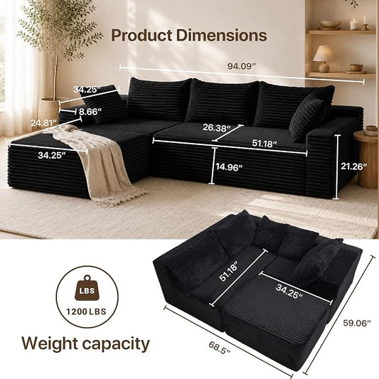 Claiks 94" Boneless Couch, Cloud Couch Sectional, L-Shape Corduroy Modular Sectional Sofa Deep Seat, Upholstered Couches for Living Room, No Assembly Required, Black