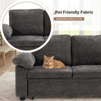 85" Modular Sectional Sofa Bed with Storage, L Shaped Pull Out Couch, Removable Chenille Sofa Cover for Living Room (Grey, 5 Seat)