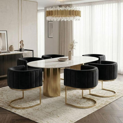 Hyfirm Black and Gold Barrel Dining Chairs Set of 6, Modern Velvet Upholstered Accent Chairs with Curved Back for Kitchen Island, Luxury Comfort Seating Cantilever Metal Frame