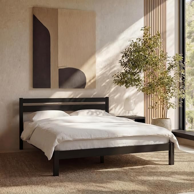 LIFEMENT Queen Bed Frame with Headboard Classic Wood Platform, Noise Free, Under Bed Storage, No Box Spring Needed, Easy Assembly, Black