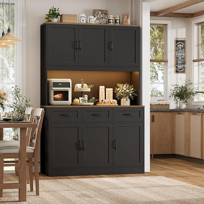 HOSTACK 72" Tall Kitchen Pantry Cabinet with Charing Station | LED Lights, 47"W Kitchen Pantry Storage Cabinet with Countertop, Kitchens Hutch Cabinets with Storage for Dining Room, Black/Rustic Brown