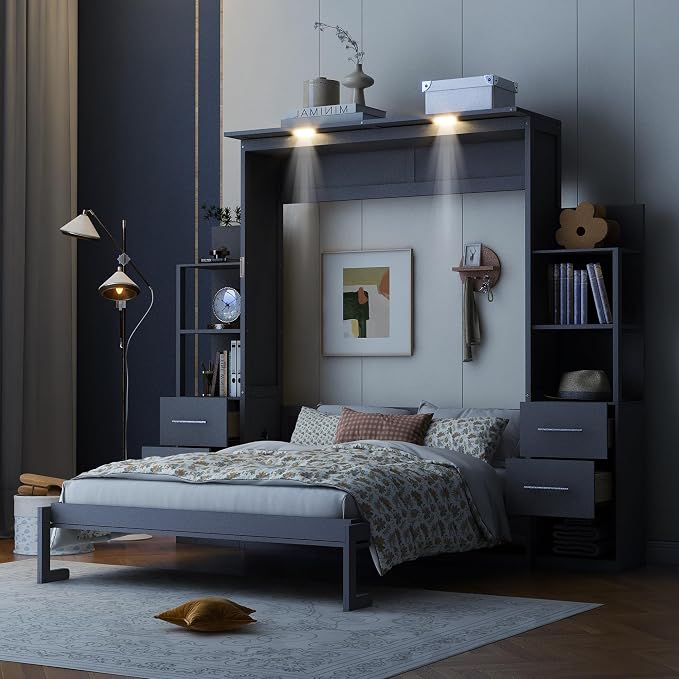 Queen Murphy Bed Cabinet, Space Saving Wall Bed with Storage and Lights | Flexible slats support an 8-inch mattress, while 2 four-layer shelves and 4 drawers help keep essentials organized